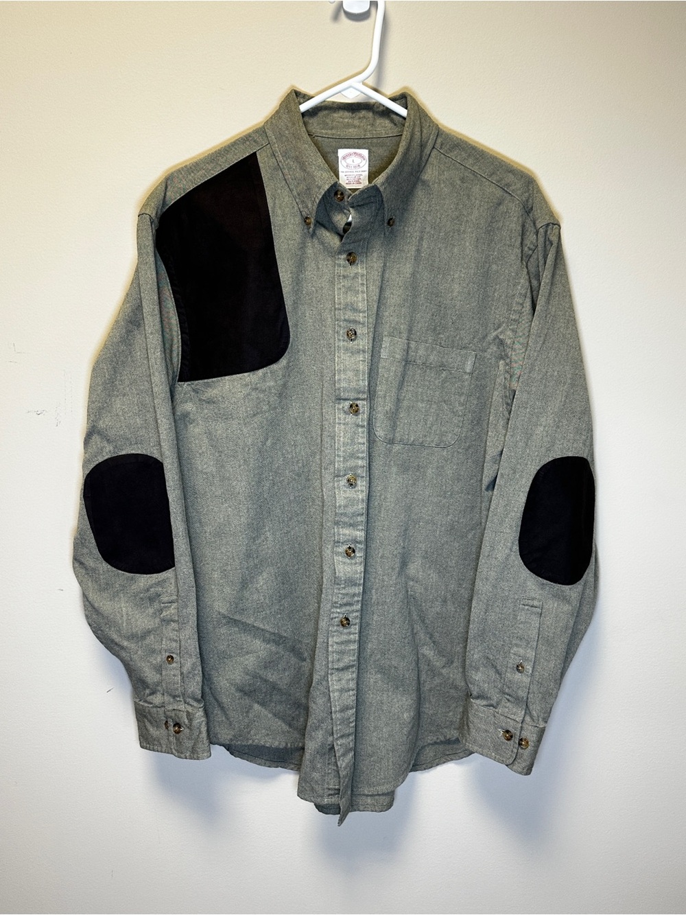 Brooks Brothers Shirt L Wool Cotton Blend Brown Elbow Patches Detail -Taupe